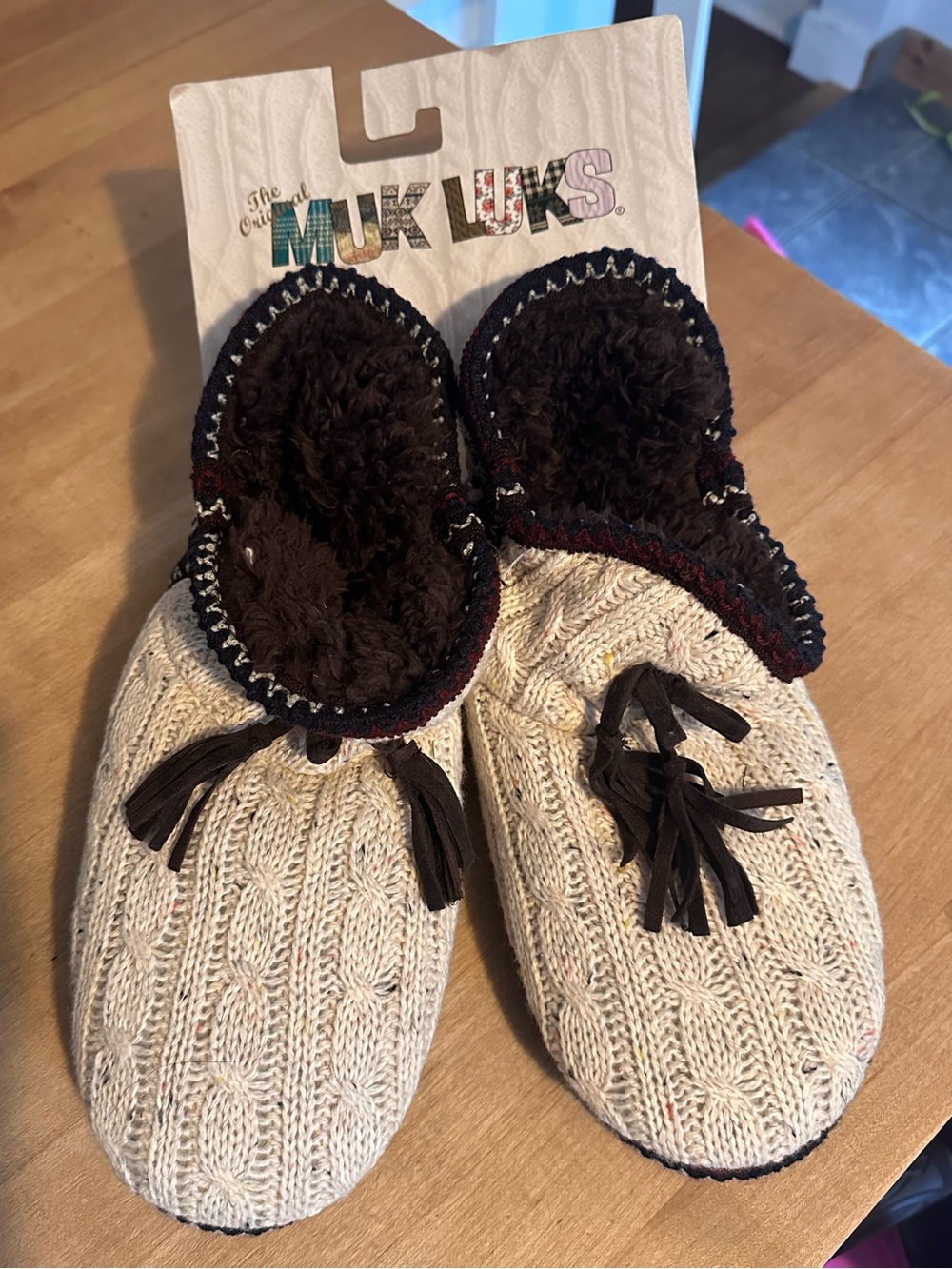 Muk Luks Cream Cable-Knit Slippers with Brown Faux-Fur Trim